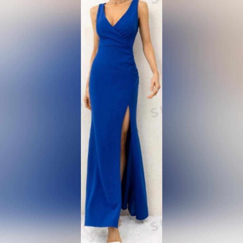 New solid color split thigh bodycon gown, stretch material size XXL, royal blue